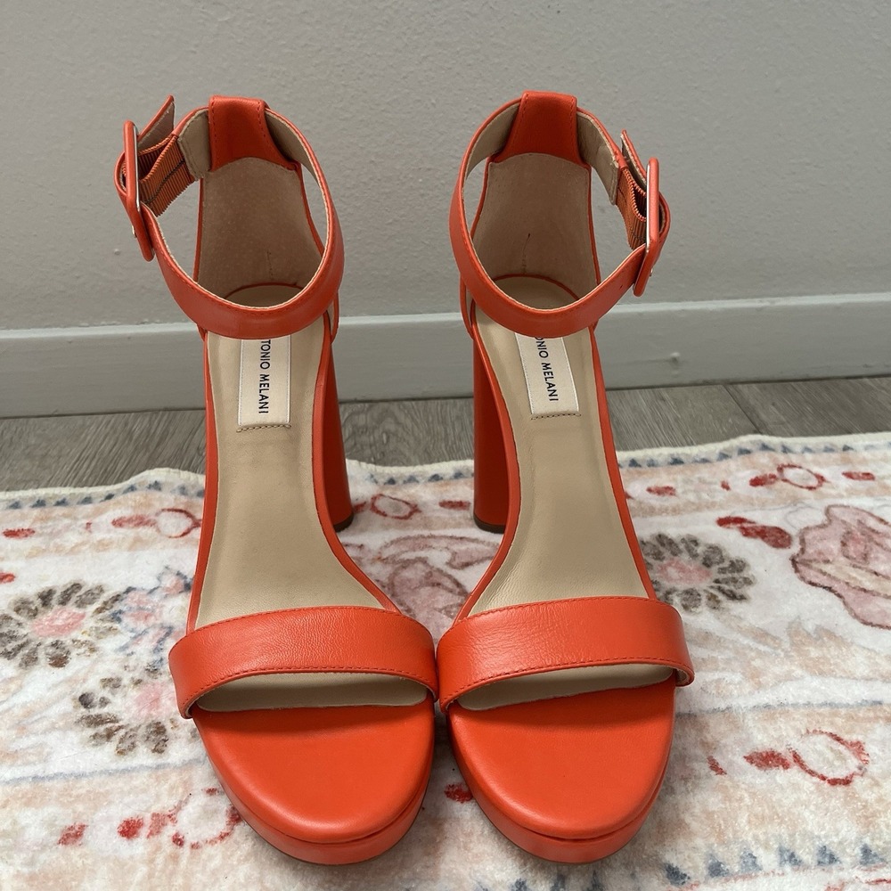 Antonio Melani Women Tangerine Orange Strap Sandals Pump Block High Heel Sz 7.5
